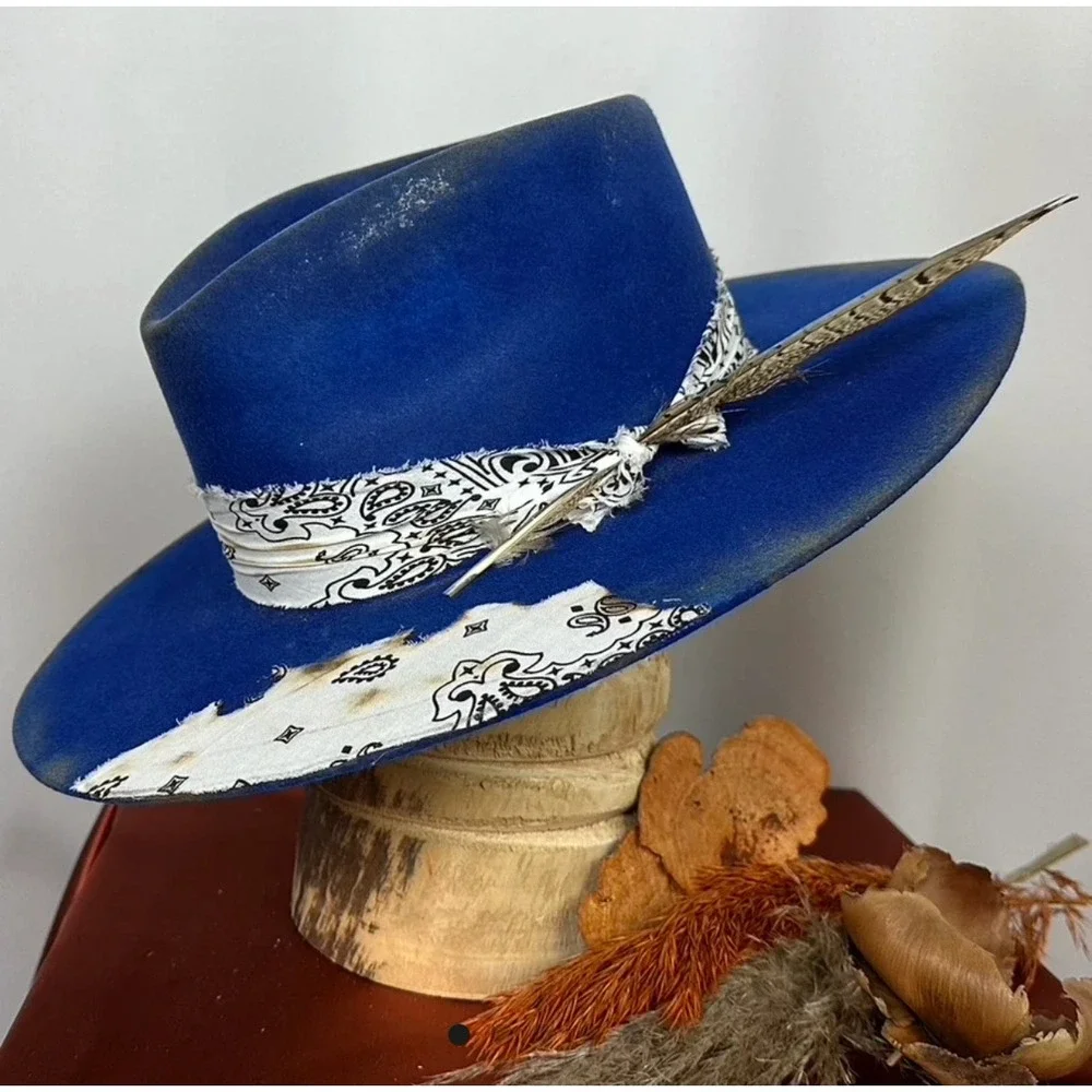 REV RAN Hats Royal Blue Western Hat Bandana‎ Feather Accent Size 7